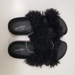 Universal Thread Goods Women's Shoes Slides 2 Band Faux Fur Black Slippers New